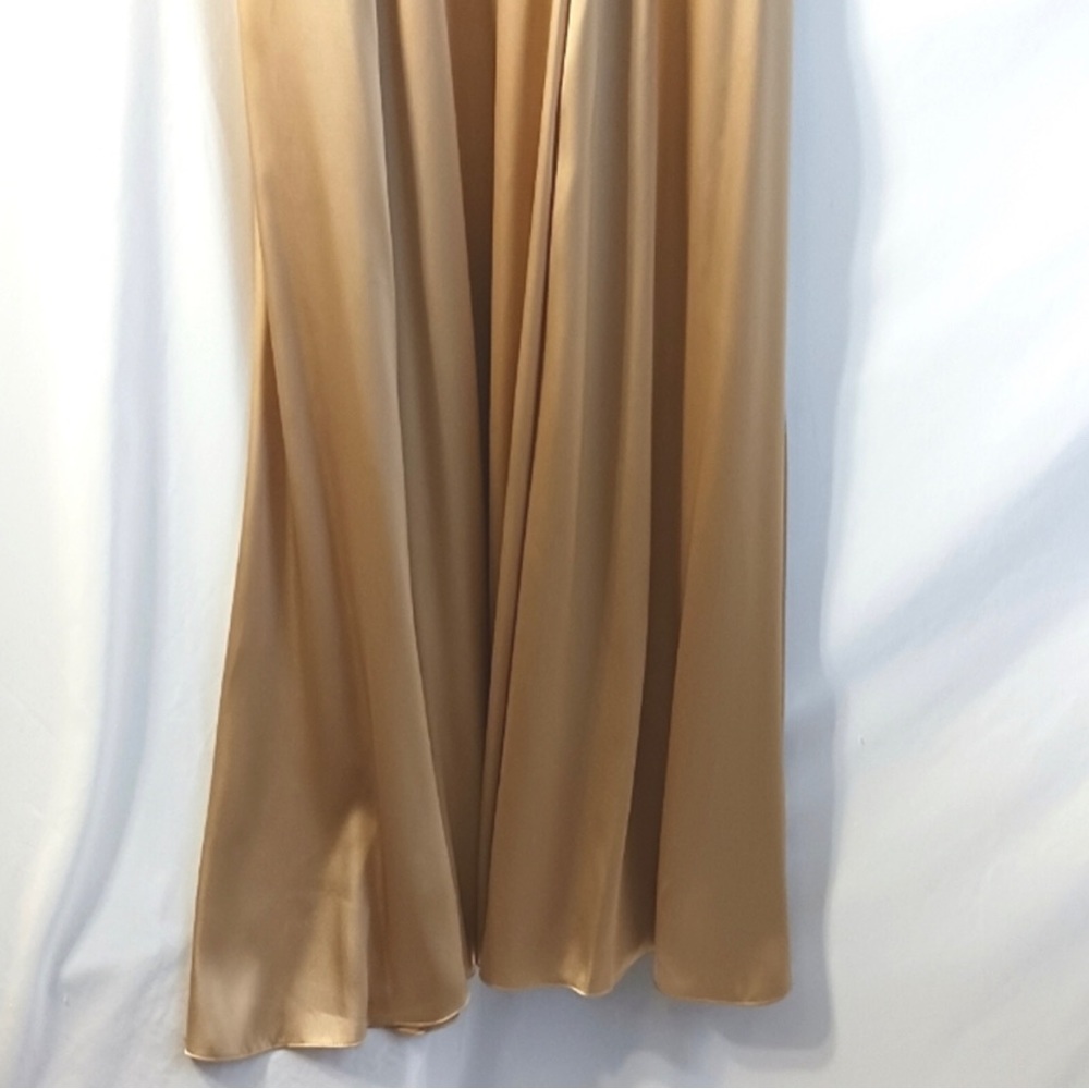 David's Bridal GOLDEN SATIN V-Neck Spaghetti Strap Formal Gown Event Maxi Dress - Picture 8 of 12